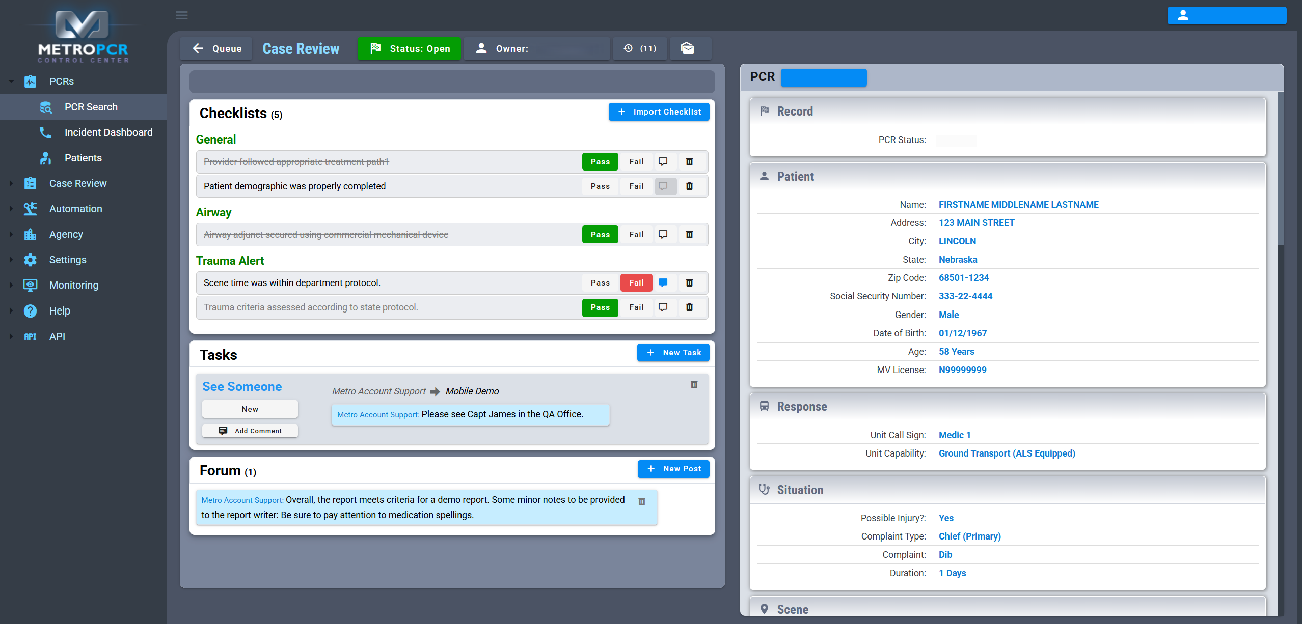MetroPCR Control Center Case Review screen with QA checklists, tasks, comments, and PCR details
