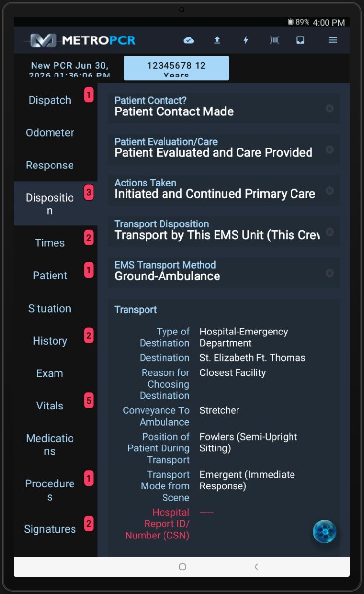 MetroPCR mobile tablet screen showing the disposition portion of a patient care report